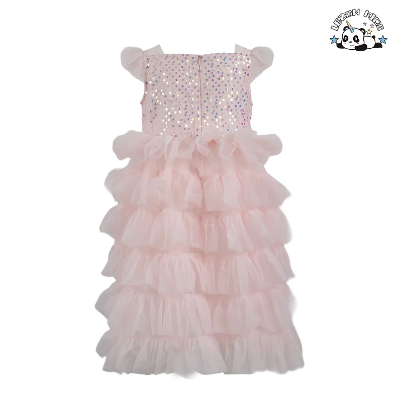 LEZONKIDS - Vestido de festa personalizado com manga franzida e estampa de lantejoulas para meninas de 2 a 14 anos